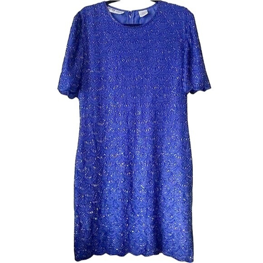Woman's 80's Silk Beaded Scalloped Knee Length Dress size 8 Blue